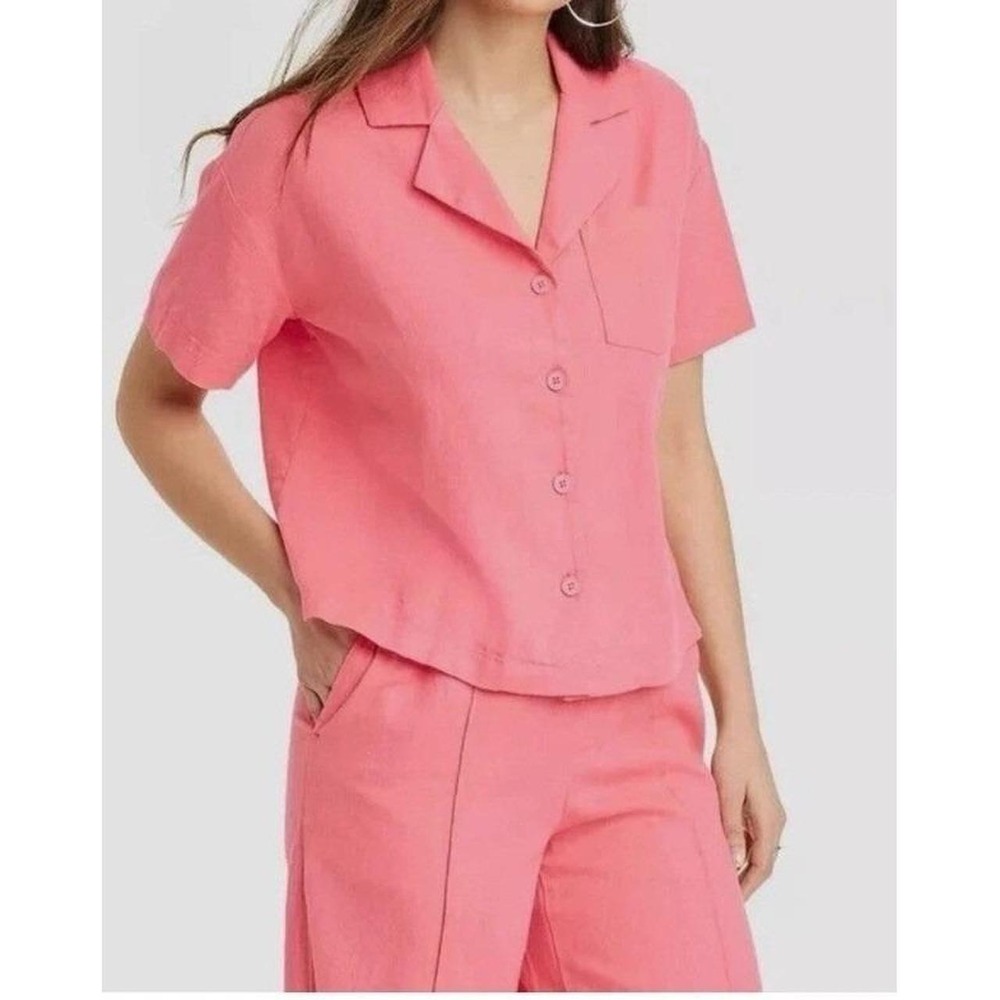 A New Day Pink Linen Blend Short Sleeve Button Down Shirt Notch Lapel XS NWT